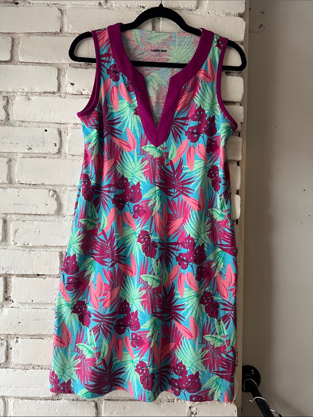 Lands' End Sleeveless Tropical Shift Dress in Pink & Aqua with pockets